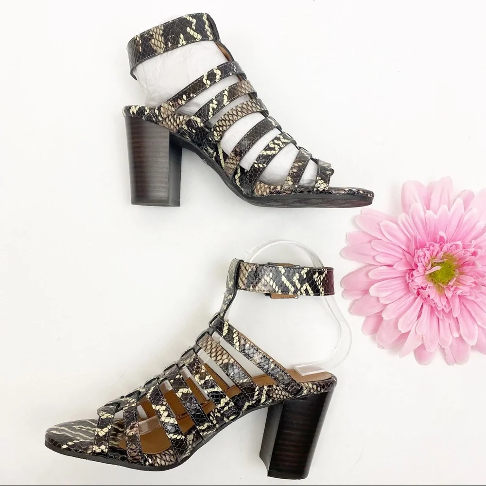 Vionic Perk Sami Leather Caged Heeled Sandals: Black Boa Snakeskin
